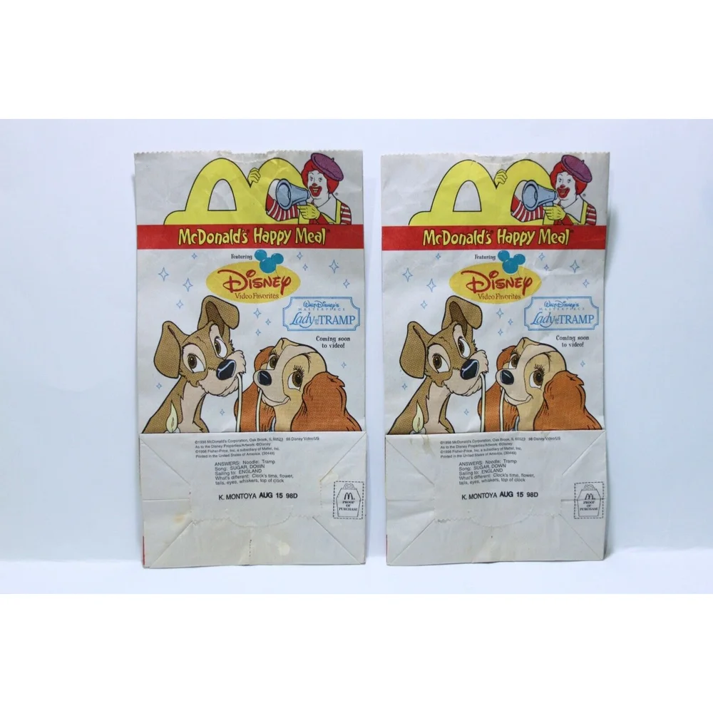 1998 Happy Meal McDonalds Paper Bag Disney Pocahontas II Lady & Tramp Lot of 2